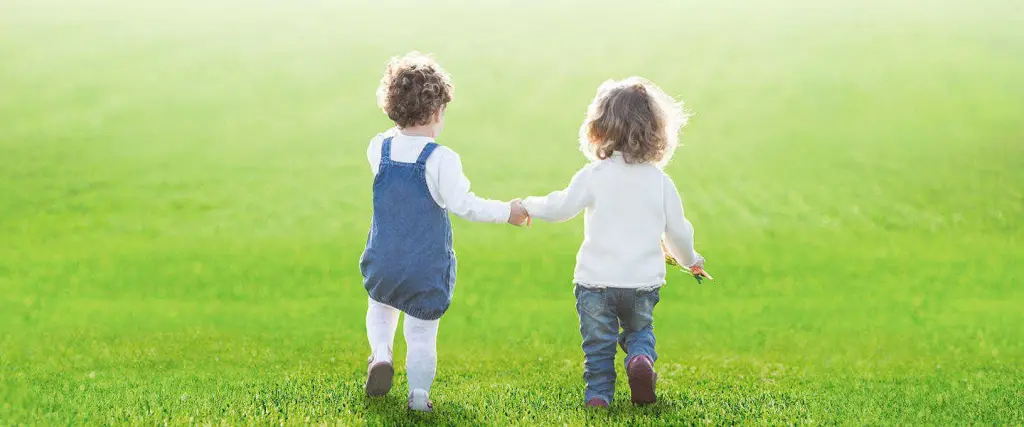 Duas crianças caminhando de mãos dadas sobre a relva
